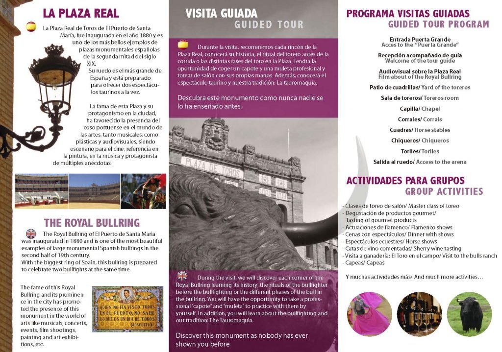 Servicios de publicidad. Diseño gráfico, rotulación, diseño web y hosting en Cádiz. Producción Tríptico Plaza Real de Toros
